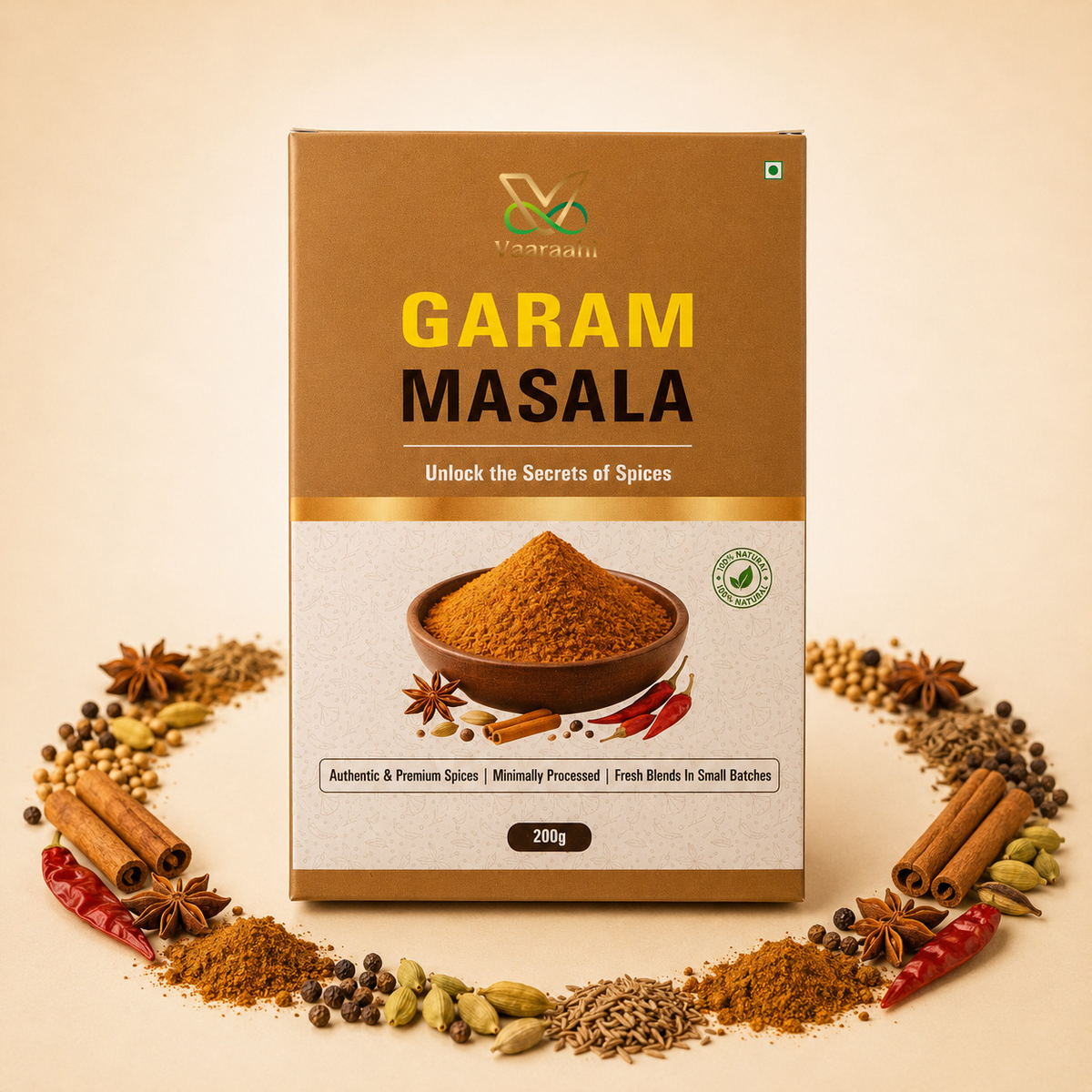 Vaaraahi Garam Masala 200g with freshly prepared Indian dish