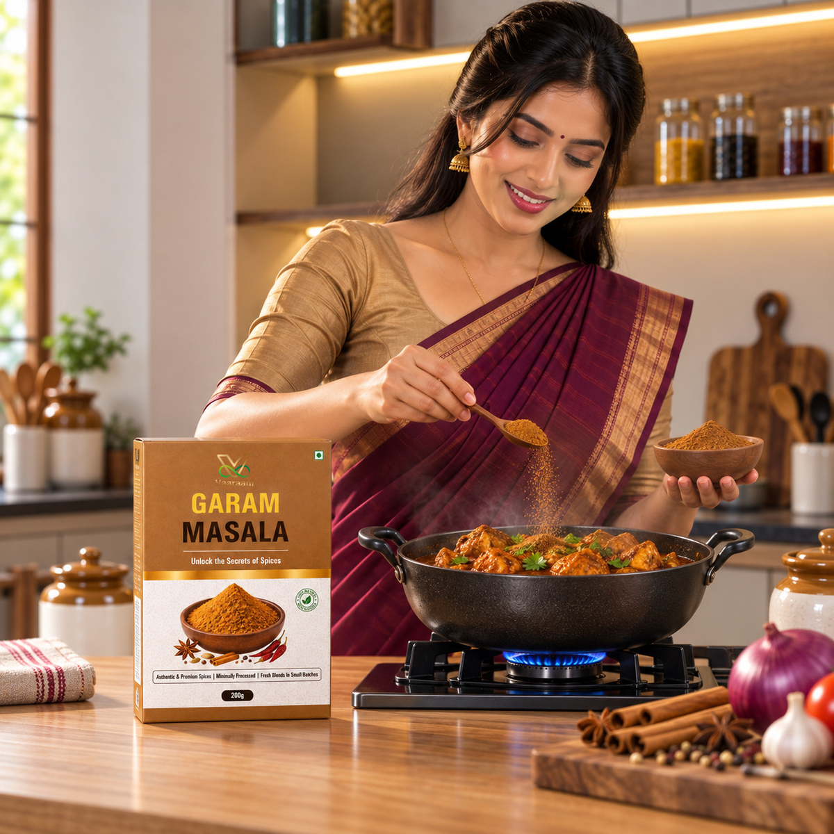 Vaaraahi Garam Masala being added to a dish during cooking