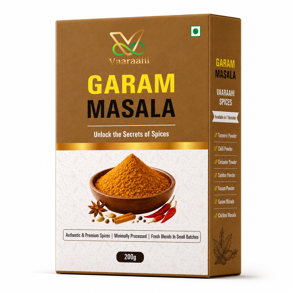 Vaaraahi Garam Masala 200g box front and side view