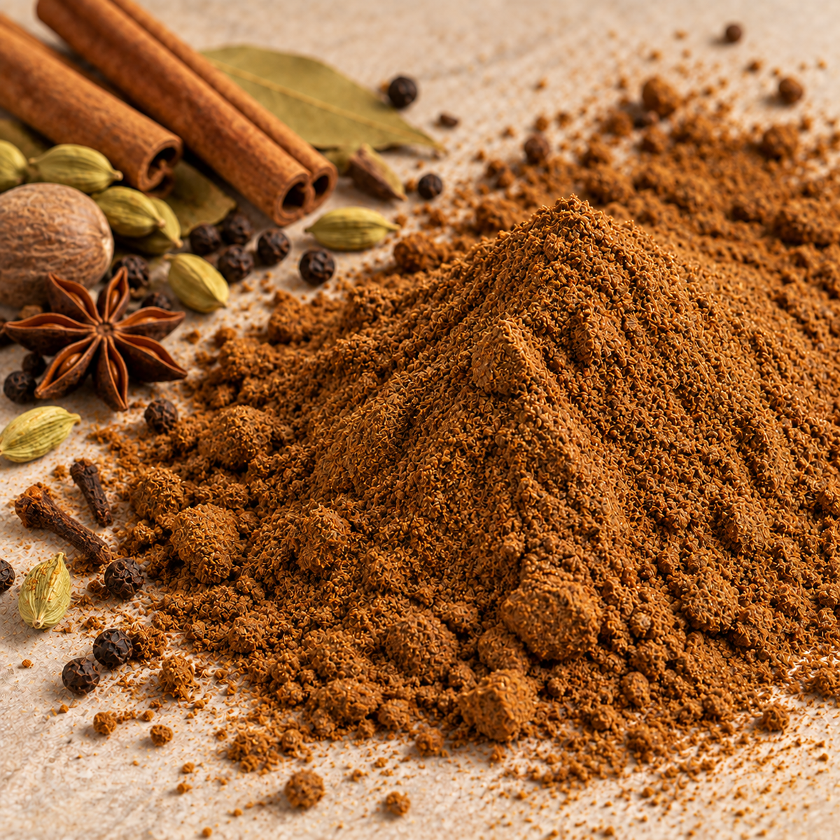 Close-up of Vaaraahi Garam Masala powder texture with whole spices