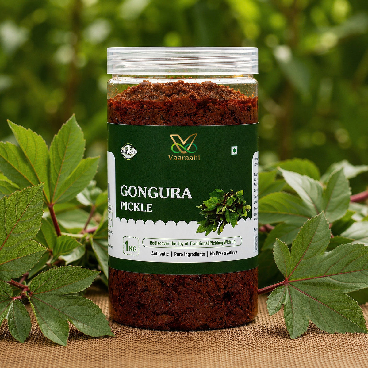 Vaaraahi Gongura Pickle 1kg with fresh gongura leaves