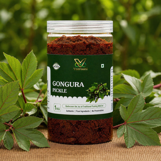 Vaaraahi Gongura Pickle 1kg with fresh gongura leaves