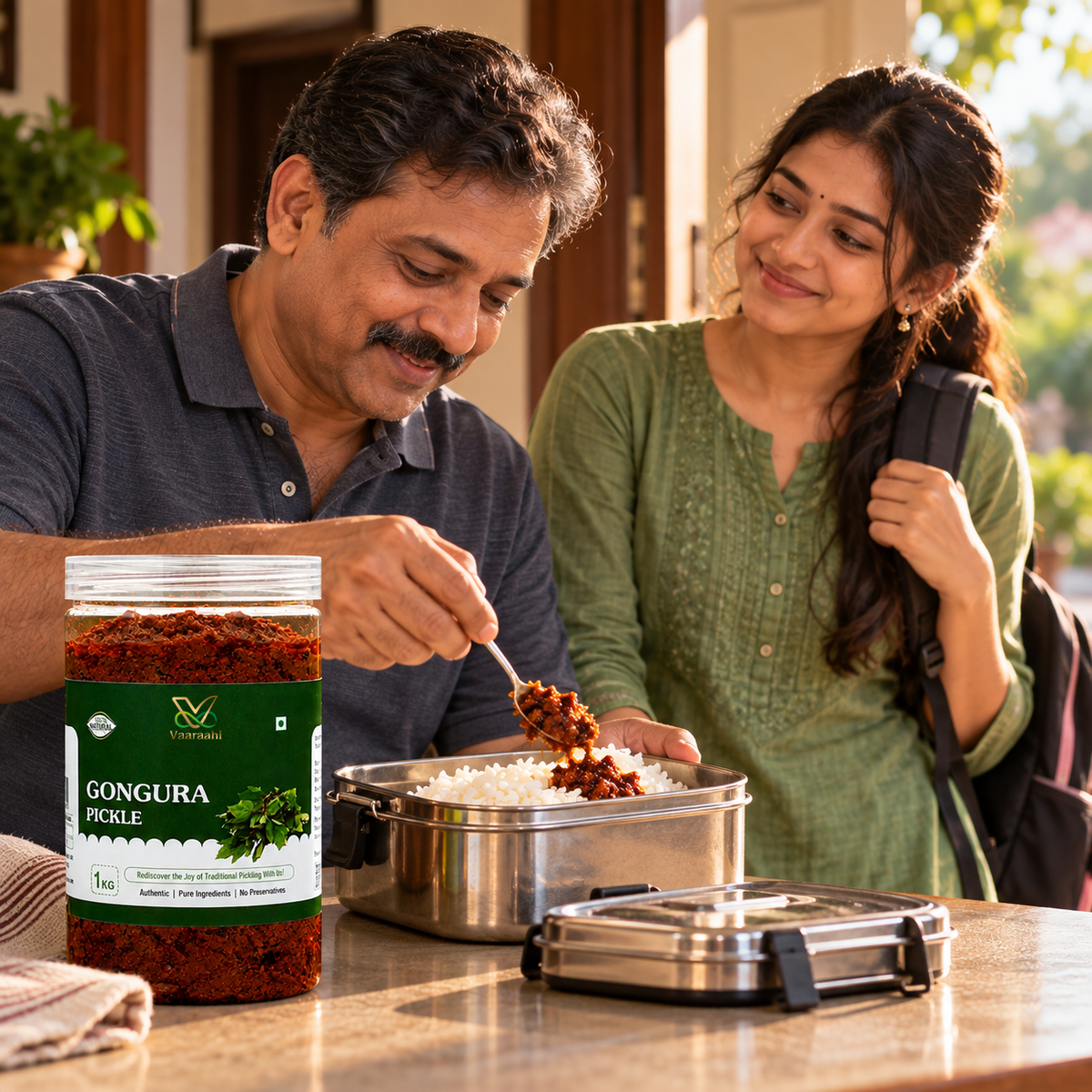 Father serving Vaaraahi Gongura Pickle with rice for his daughter's packed lunch