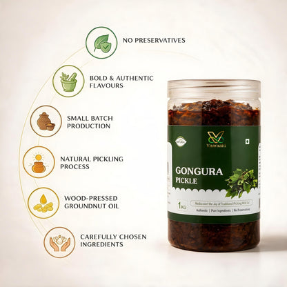 Vaaraahi Gongura Pickle features including no preservatives and wood-pressed groundnut oil
