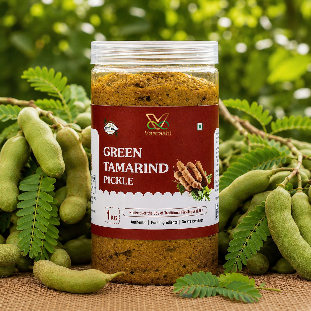 Vaaraahi Green Tamarind Pickle 1kg jar with fresh green tamarind