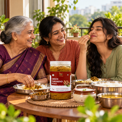 Three generations enjoying a traditional meal with Vaaraahi Green Tamarind Pickle