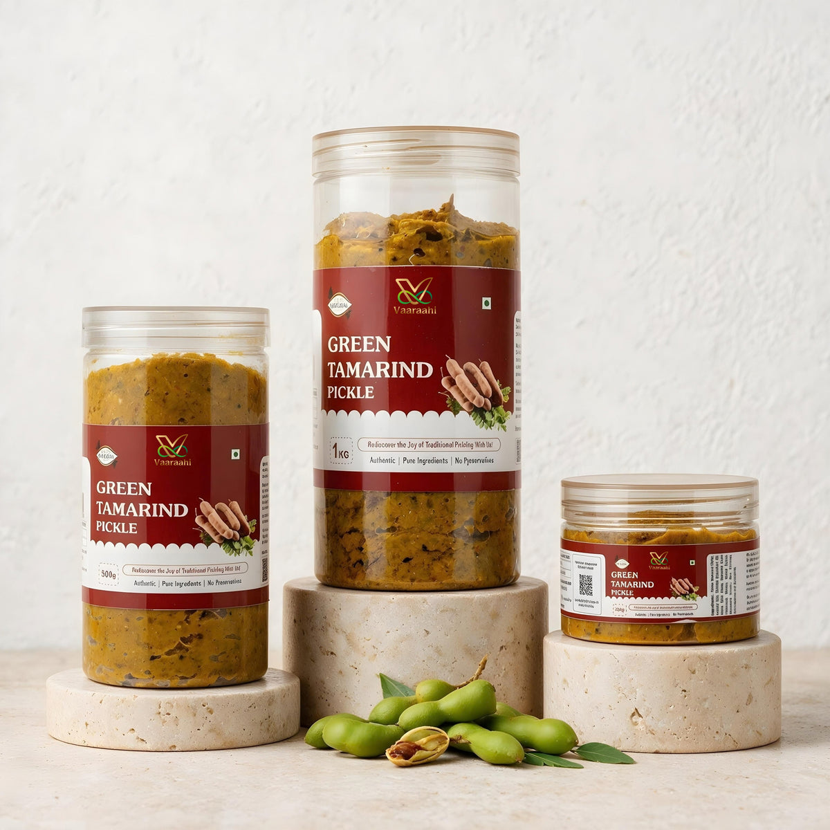 Vaaraahi Green Tamarind Pickle jars in different pack sizes with fresh green tamarind