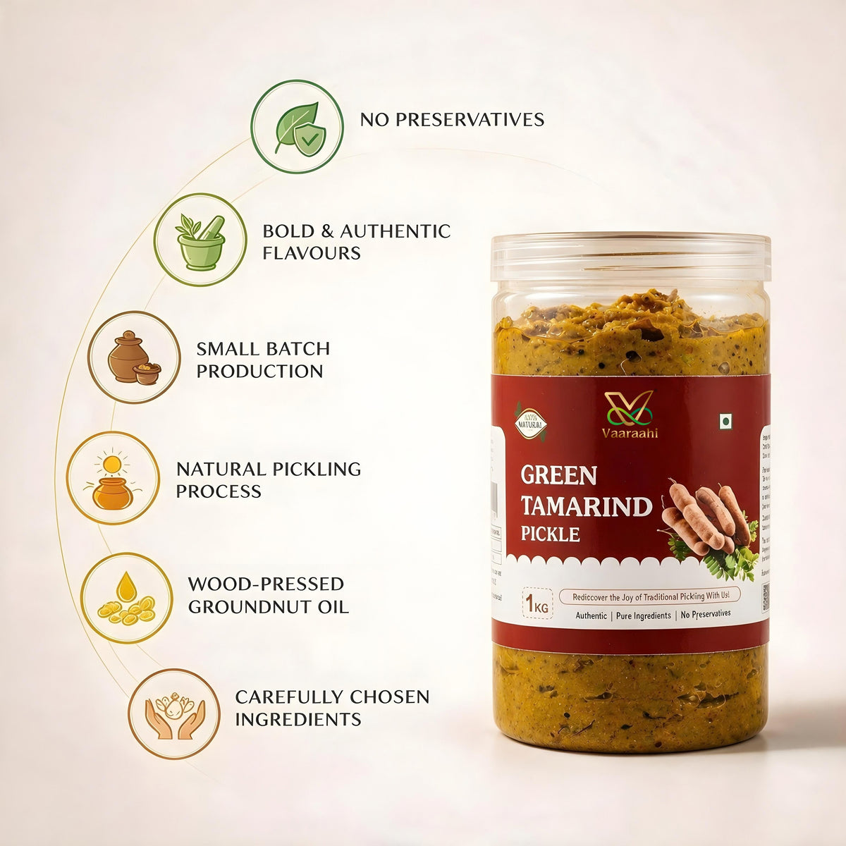 Vaaraahi Green Tamarind Pickle highlighting no preservatives, small-batch preparation and wood-pressed groundnut oil