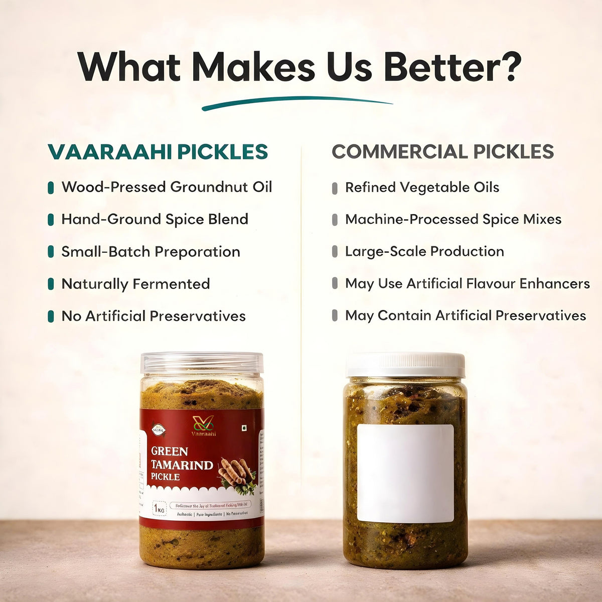 Vaaraahi Green Tamarind Pickle comparison highlighting traditional preparation and no artificial preservatives