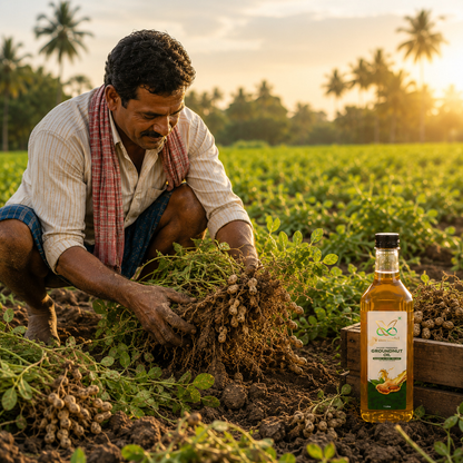 Farmer harvesting groundnuts in a field beside a Vaaraahi Groundnut Oil bottle.