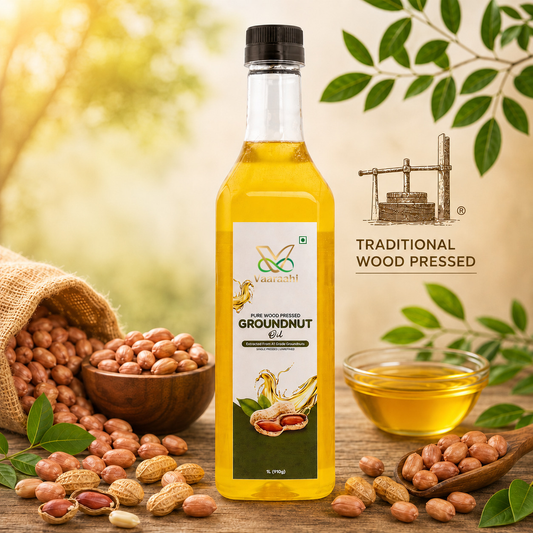 Vaaraahi Groundnut Oil 1L bottle with peanuts, a wooden oil press illustration and oil bowl.
