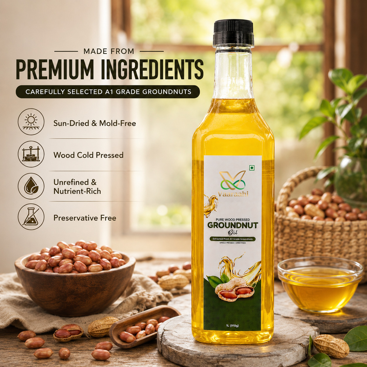Vaaraahi Groundnut Oil bottle with groundnuts and ingredient-focused product information.