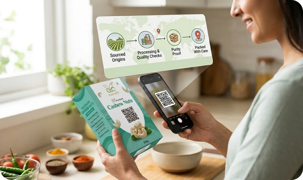 Customer scanning a Vaaraahi product QR code to explore its origin and preparation journey