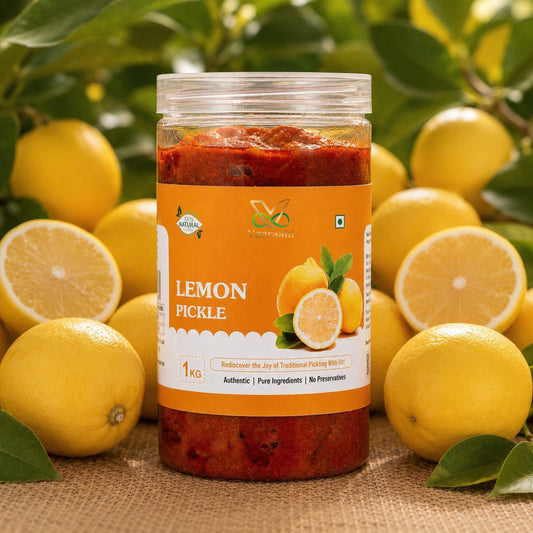 Vaaraahi Lemon Pickle 1kg jar with fresh lemons