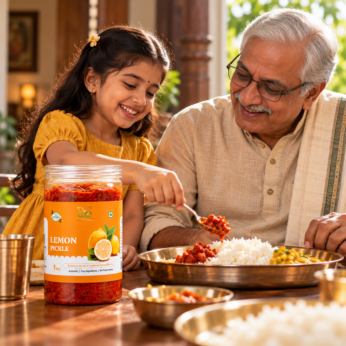 Grandfather and granddaughter enjoying a traditional meal with Vaaraahi Lemon Pickle