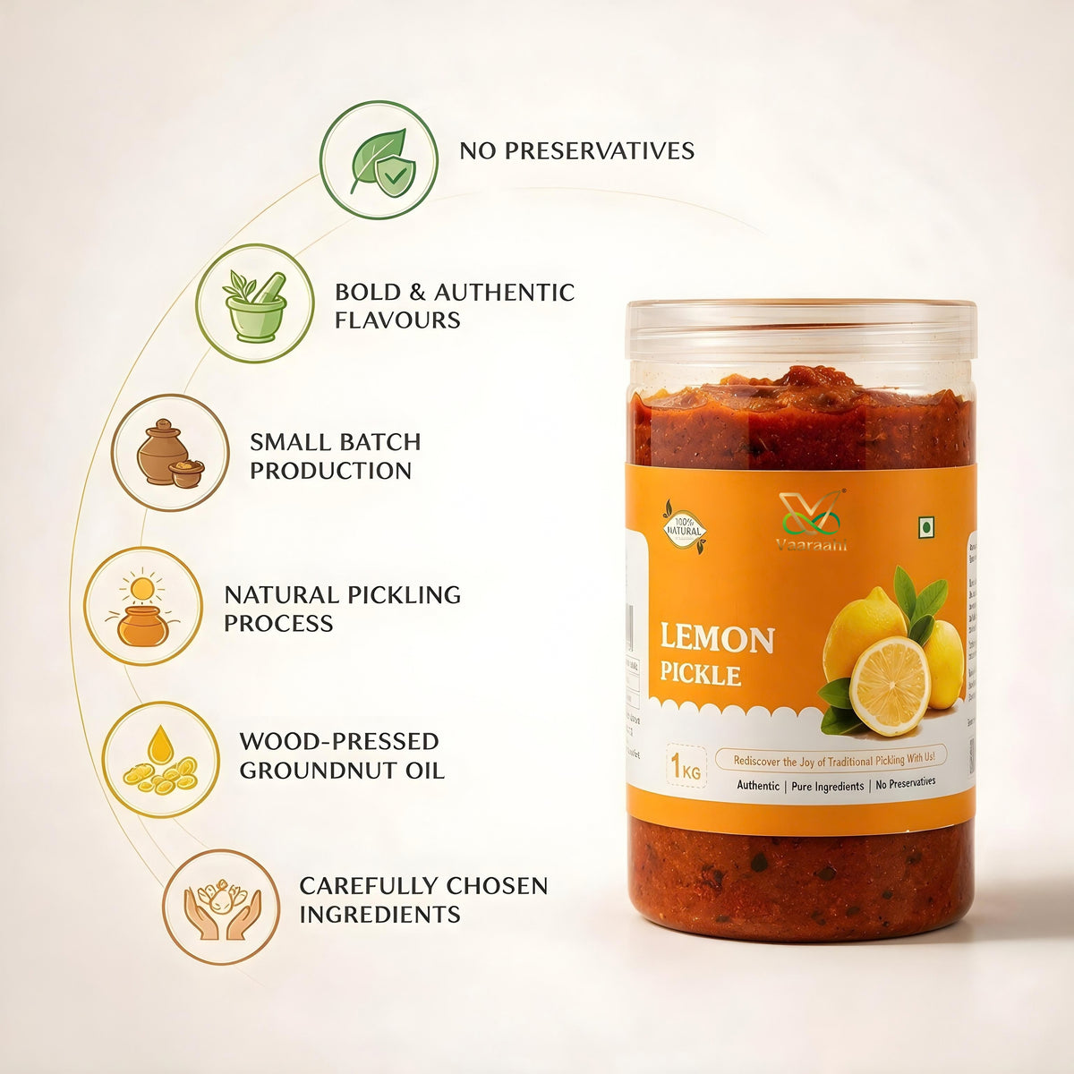 Vaaraahi Lemon Pickle highlighting no preservatives, small-batch preparation and wood-pressed groundnut oil