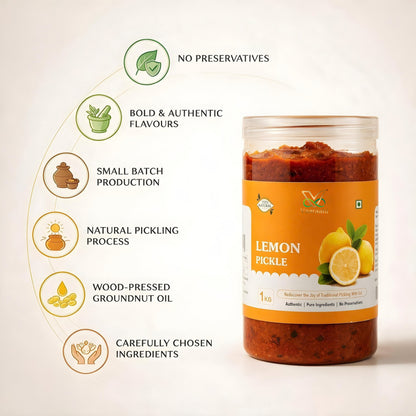 Vaaraahi Lemon Pickle highlighting no preservatives, small-batch preparation and wood-pressed groundnut oil