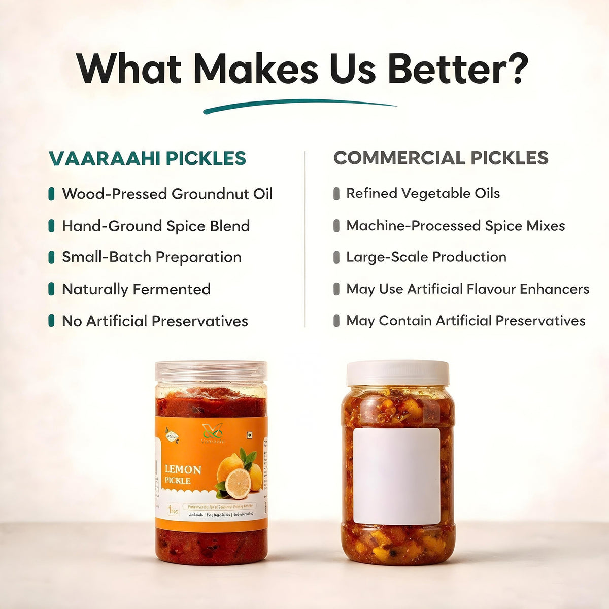 Vaaraahi Lemon Pickle comparison highlighting traditional preparation and no artificial preservatives