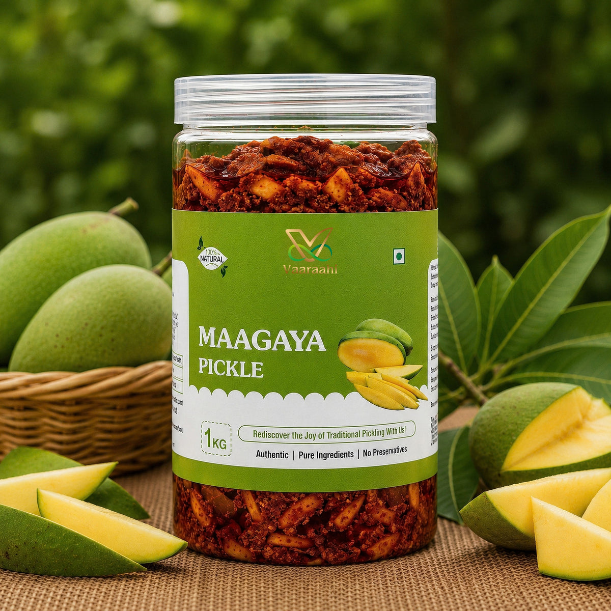 Vaaraahi Maagaya Pickle 1kg with raw mangoes and traditional Andhra mango pickle