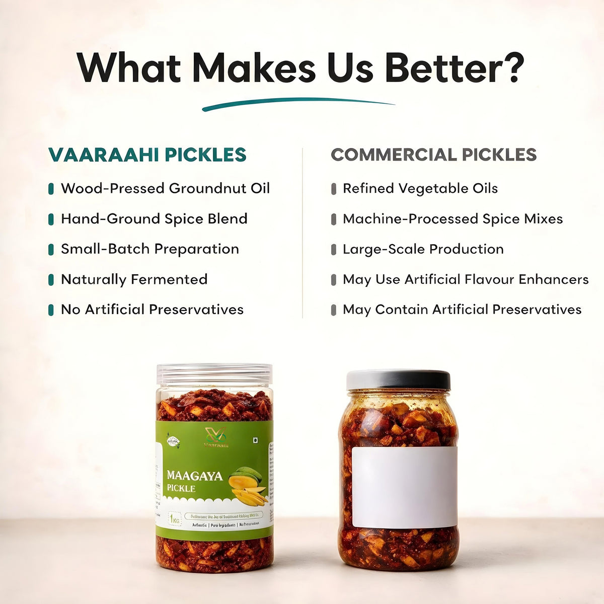 Vaaraahi Pickles traditional preparation compared with commercial pickles