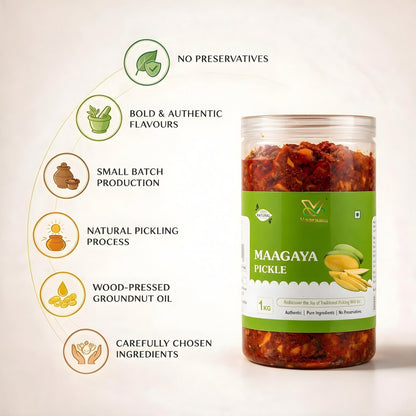 Vaaraahi Maagaya Pickle features including no preservatives, small-batch production and wood-pressed groundnut oil