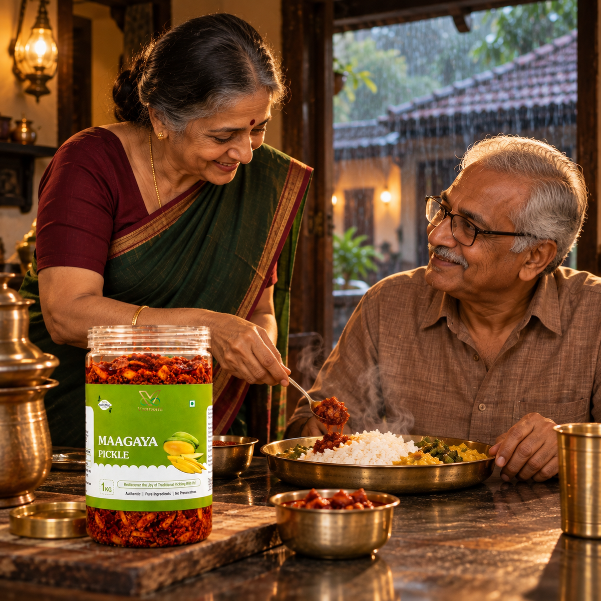 Elderly couple sharing Vaaraahi Maagaya Pickle with rice during a traditional home meal