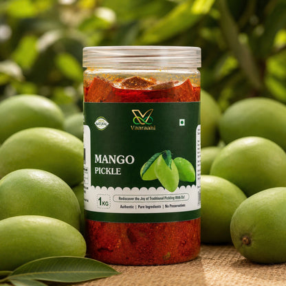 Vaaraahi Mango Pickle 1kg jar with fresh raw green mangoes
