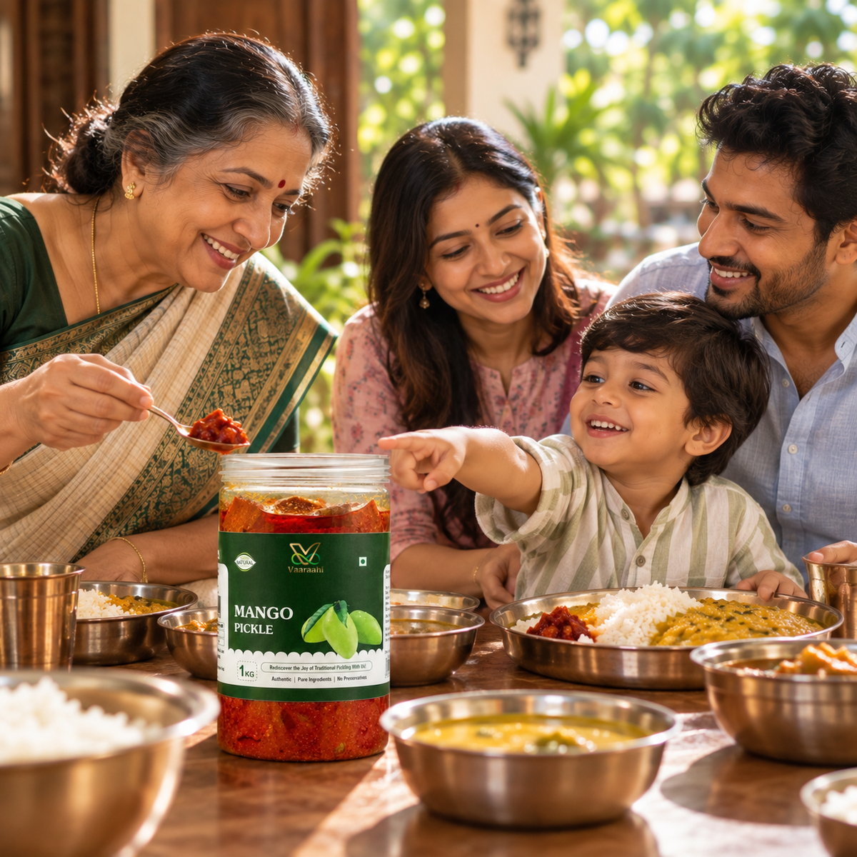 Family enjoying a traditional meal together with Vaaraahi Mango Pickle