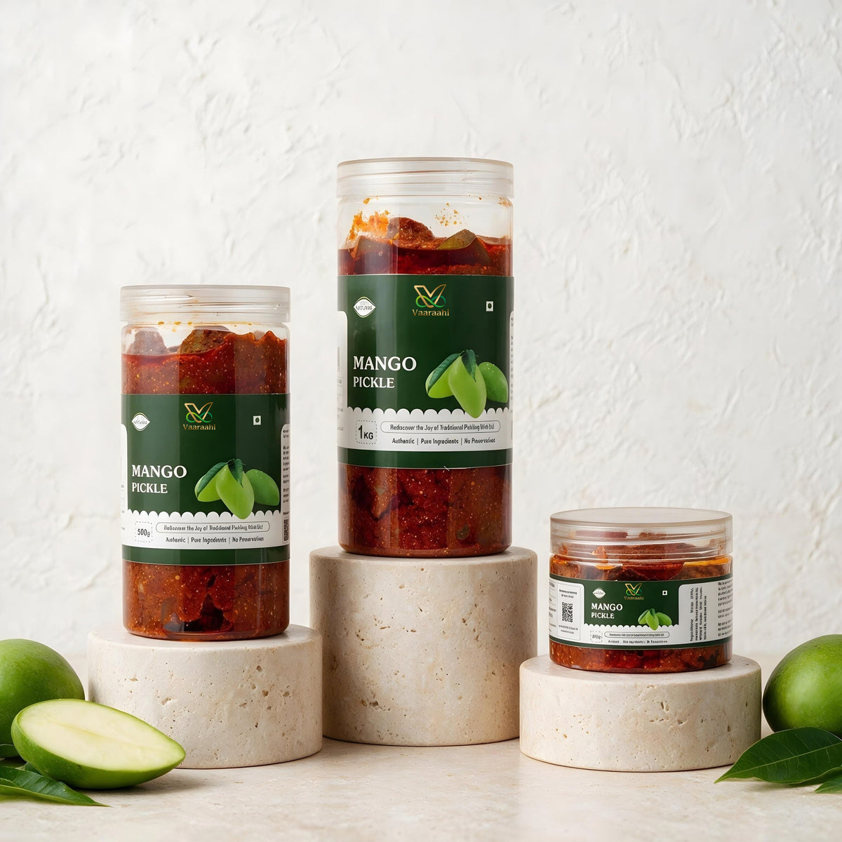 Vaaraahi Mango Pickle jars in different pack sizes with fresh raw mango