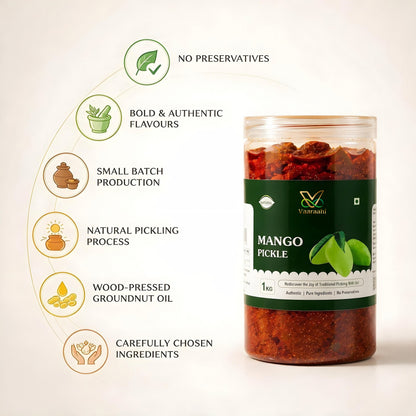 Vaaraahi Mango Pickle with no preservatives, small-batch preparation and wood-pressed groundnut oil