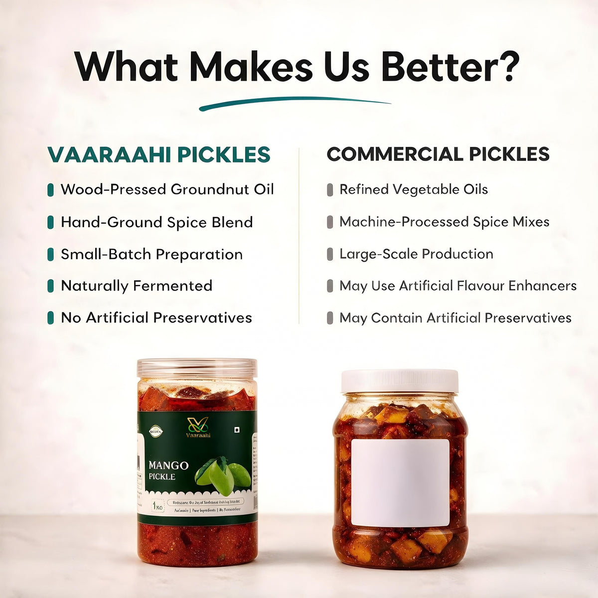 Vaaraahi Pickles comparison highlighting traditional small-batch preparation and no artificial preservatives