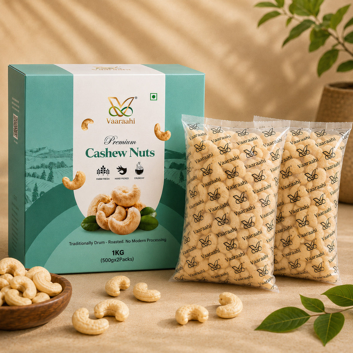 Vaaraahi Premium Cashew Nuts 1kg box with two sealed cashew packs