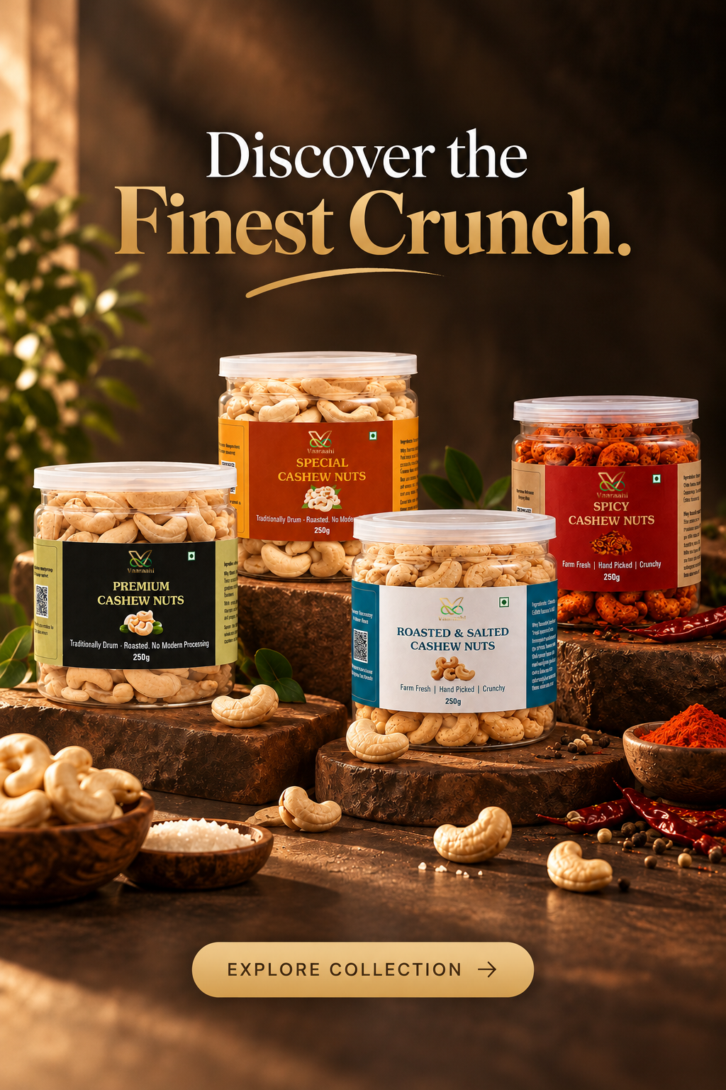 Vaaraahi Cashew Nuts collection featuring Premium, Special, Roasted and Salted, and Spicy varieties with Discover the Finest Crunch heading.