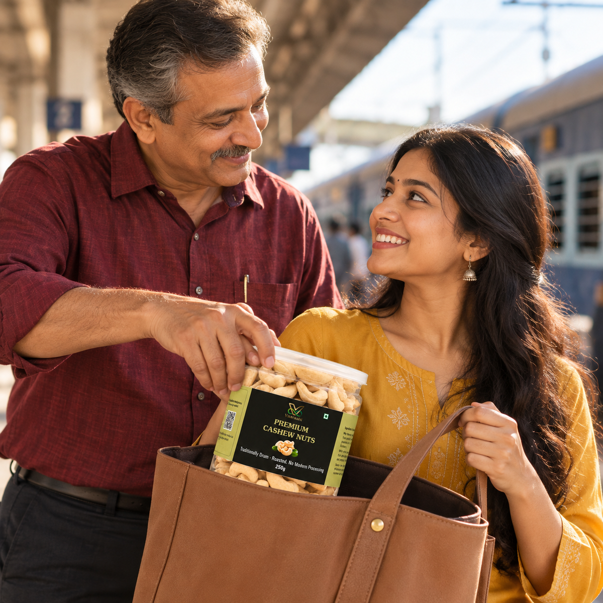 Father and daughter carrying Vaaraahi Premium Cashew Nuts while travelling