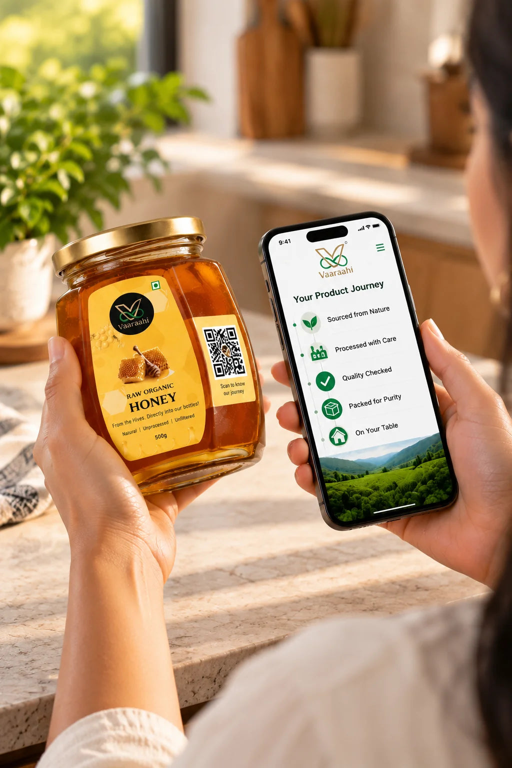 Scanning a Vaaraahi product QR code to view its product journey and traceability information
