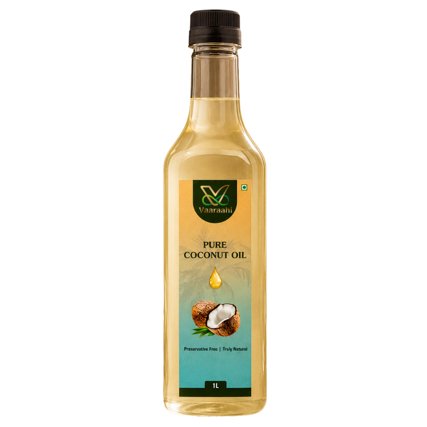 Vaaraahi Pure Coconut Oil in a 1 litre bottle with coconut imagery on the label, described as preservative free and truly natural.