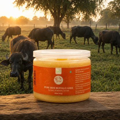 Vaaraahi Pure Desi Buffalo Ghee 500ml with free-grazing buffaloes