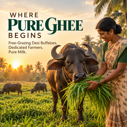 Free-grazing desi buffaloes and farmer behind Vaaraahi Pure Desi Buffalo Ghee