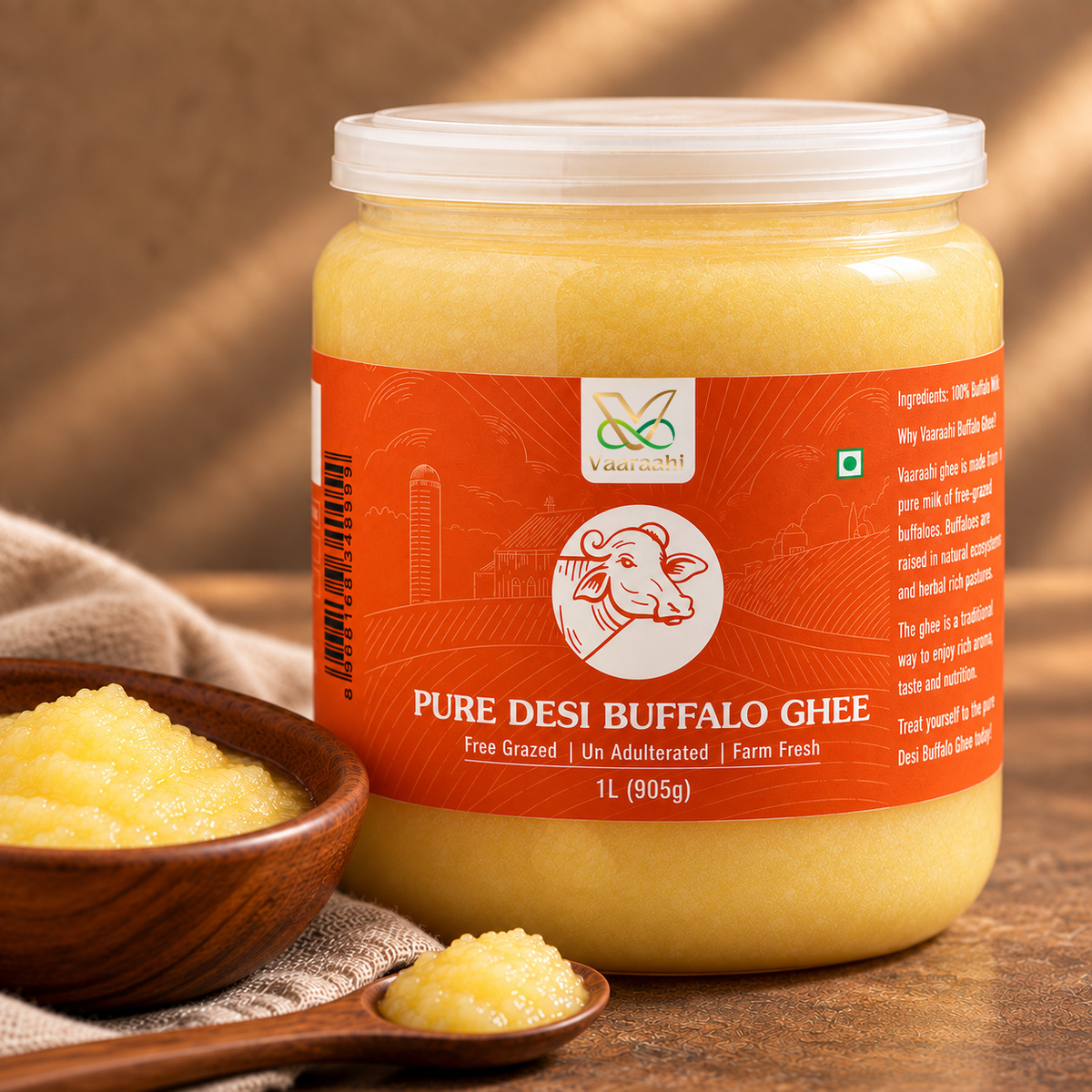 Close-up of Vaaraahi Pure Desi Buffalo Ghee with ghee in a bowl