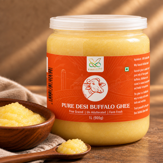 Close-up of Vaaraahi Pure Desi Buffalo Ghee with ghee in a bowl
