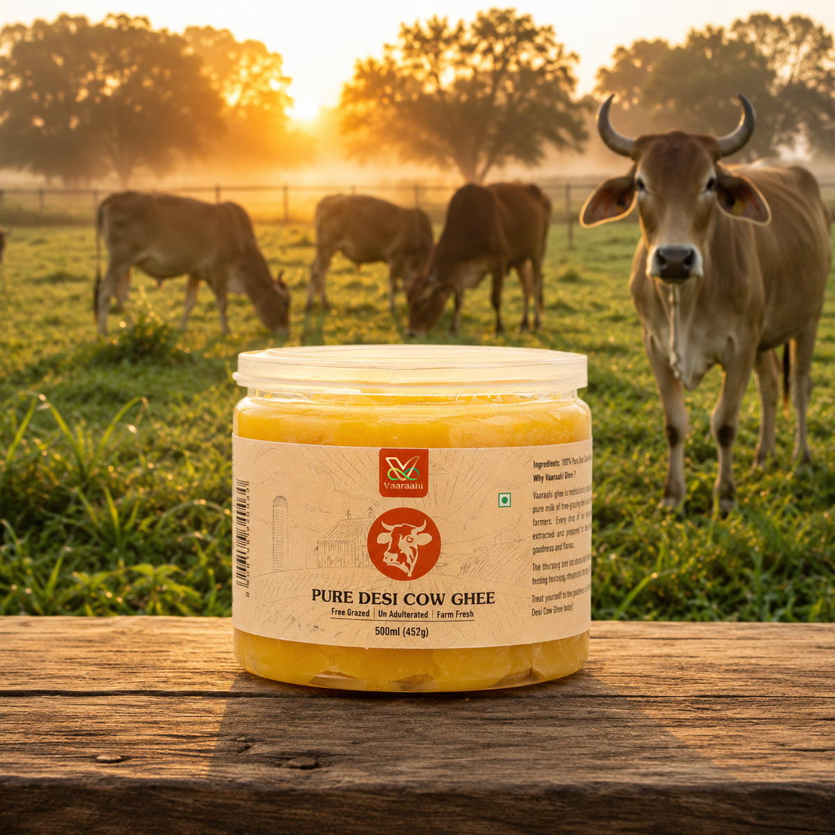 Vaaraahi Pure Desi Cow Ghee 500ml with free-grazing desi cows