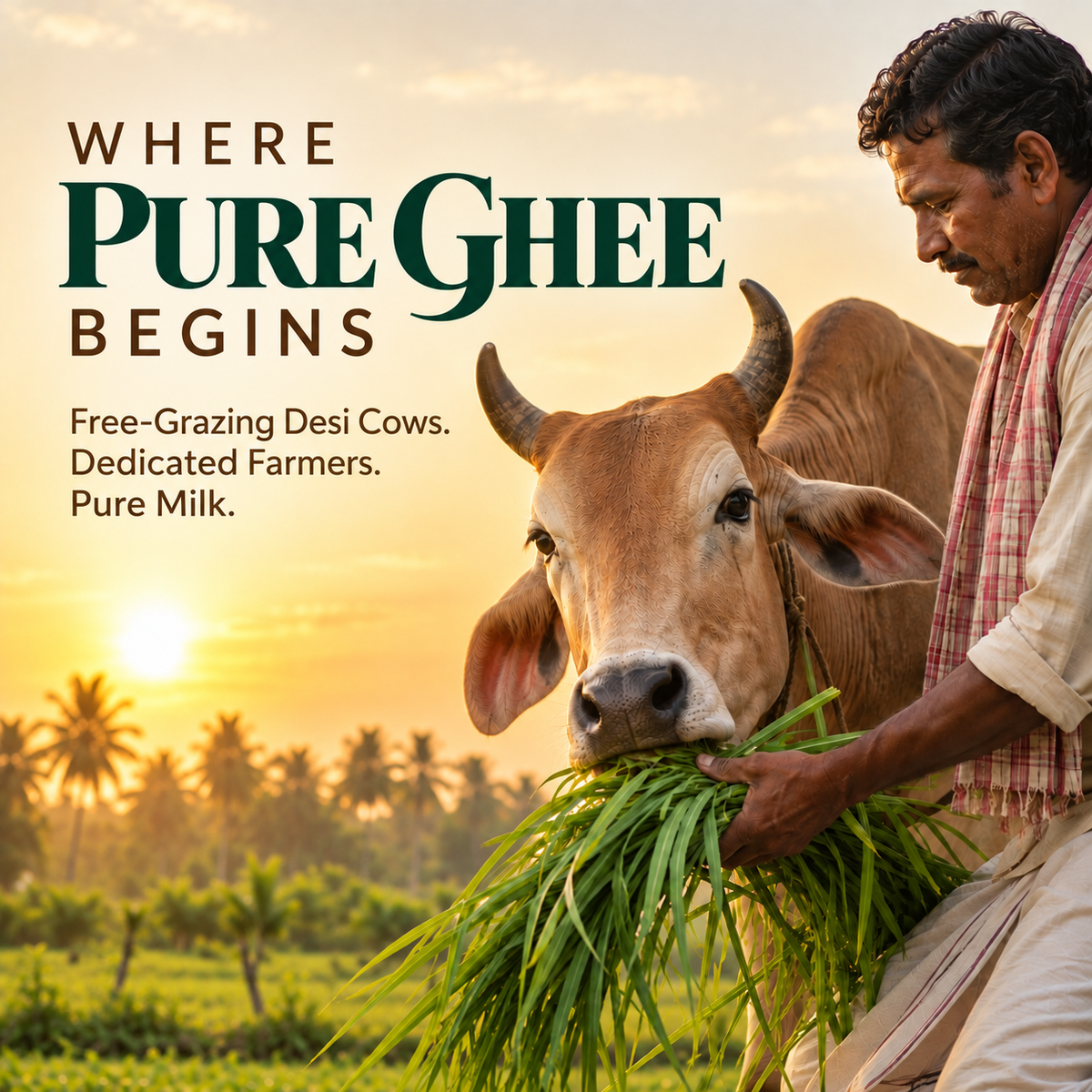 Free-grazing desi cows and farmer behind Vaaraahi Pure Desi Cow Ghee