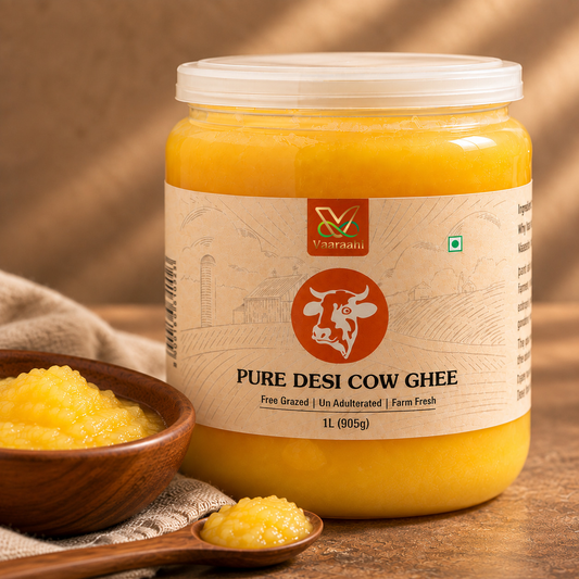 Close-up of Vaaraahi Pure Desi Cow Ghee with ghee in a bowl