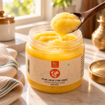Vaaraahi Pure Desi Cow Ghee texture with a spoon