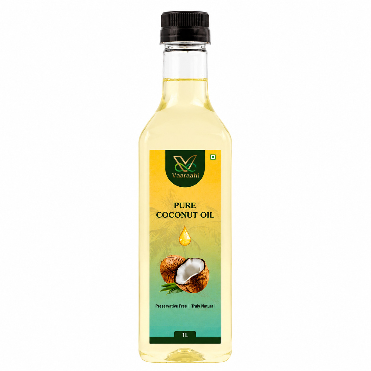 Vaaraahi Pure Wood-Pressed Coconut Oil 1L bottle on white background