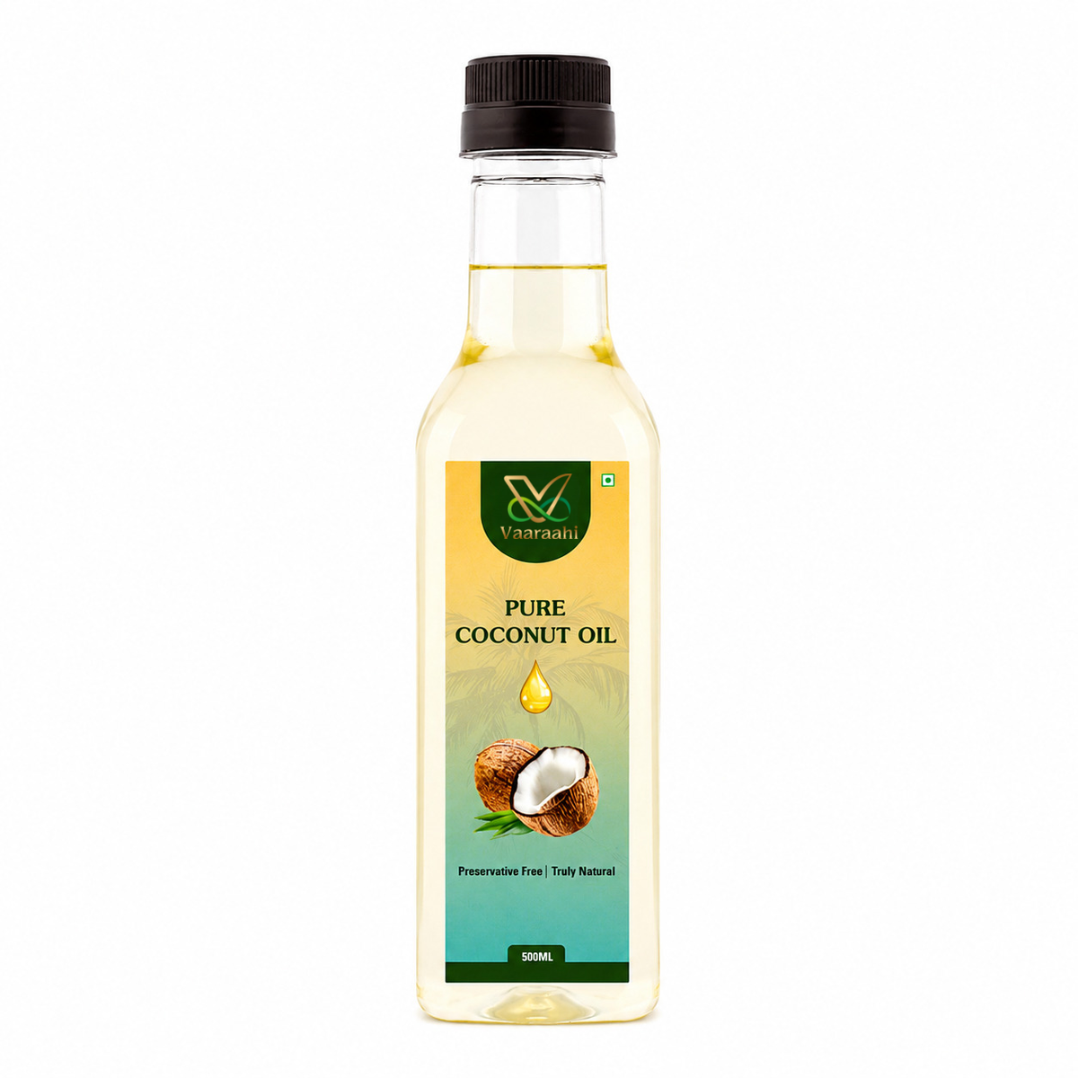 Vaaraahi Pure Wood-Pressed Coconut Oil 500ml bottle on white background