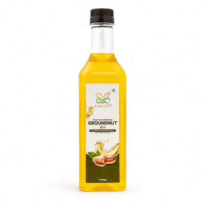 Vaaraahi Pure Wood Pressed Groundnut Oil 1L bottle displayed on a white background.