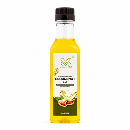Vaaraahi Pure Wood Pressed Groundnut Oil 500ml bottle on a white background.