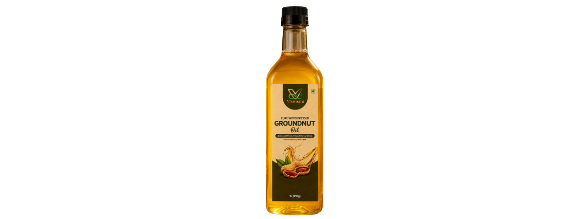 Vaaraahi Pure Wood Pressed Groundnut Oil in a 1 litre bottle, made from A1 grade groundnuts and labelled single pressed and unrefined.