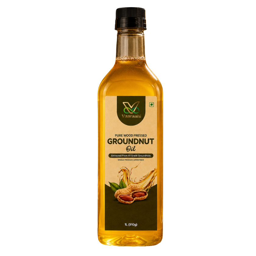 Vaaraahi Pure Wood Pressed Groundnut Oil in a 1 litre bottle, made from A1 grade groundnuts and labelled single pressed and unrefined.